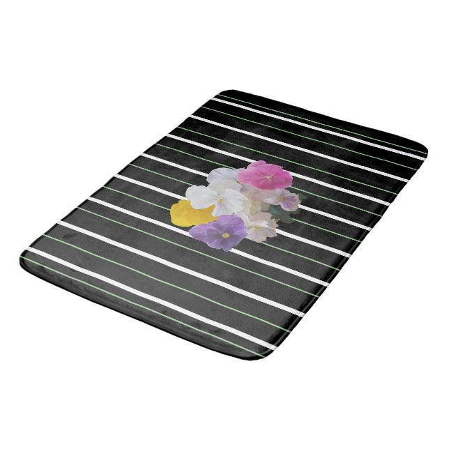 Colourful Pansies And Bold Stripes Bath Mat (Angled)