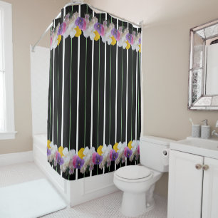 Colourful Pansies And Bold Stripes Shower Curtain