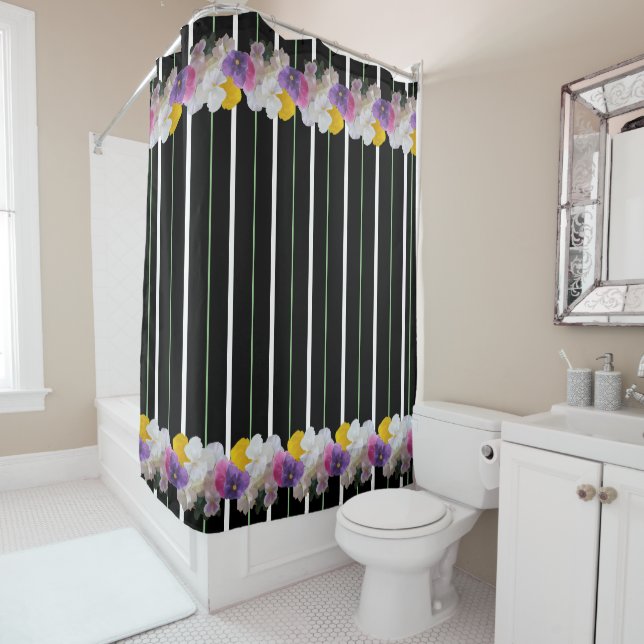 Colourful Pansies And Bold Stripes Shower Curtain (In Situ)