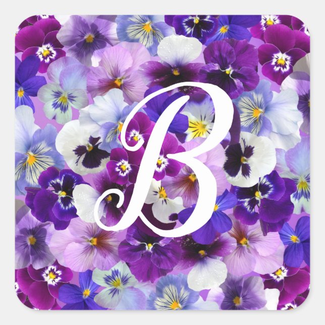 Colourful Pansies Flowers Floral Monogram Initial Square Sticker (Front)