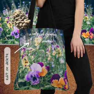 Colourful pansies in a summer country garden tote bag