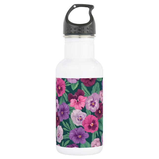 Colourful pansies on dark greenish blue 532 ml water bottle (Front)