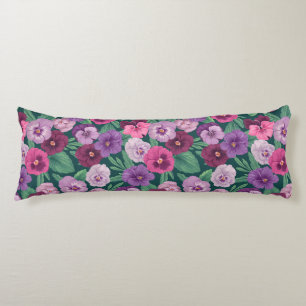 Colourful pansies on dark greenish blue body cushion