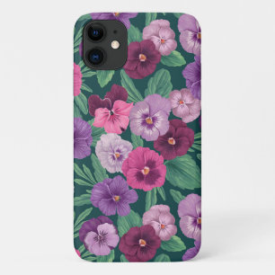 Colourful pansies on dark greenish blue iPhone 11 case