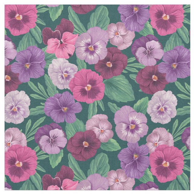 Colourful pansies on dark greenish blue fabric (Close Up)