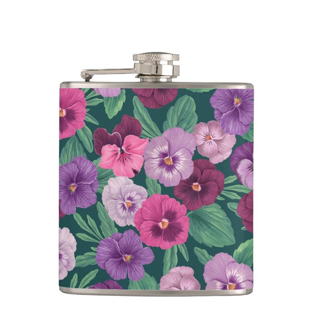 Colourful pansies on dark greenish blue hip flask (Front)