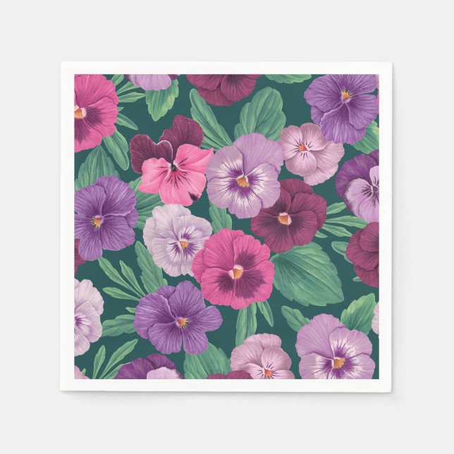 Colourful pansies on dark greenish blue napkin (Front)