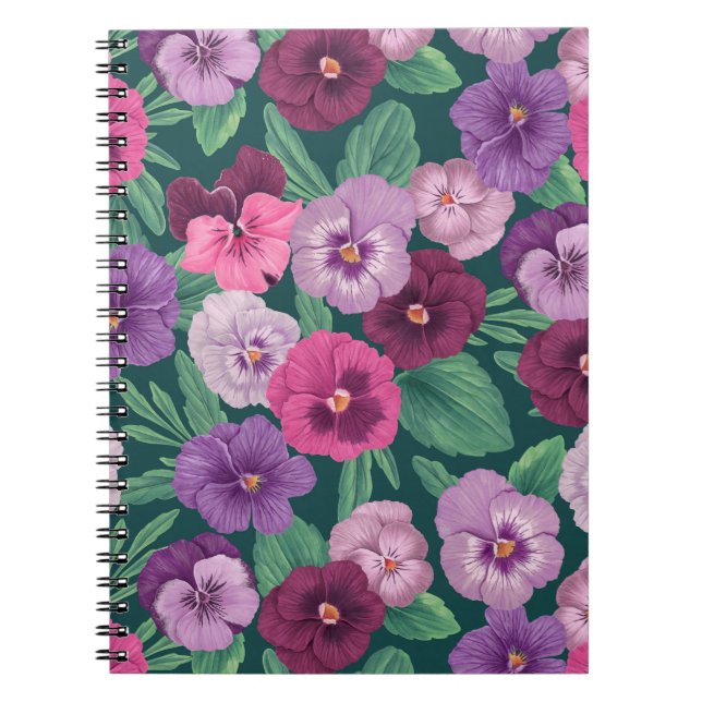 Colourful pansies on dark greenish blue notebook (Front)