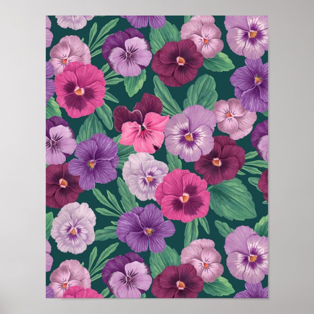 Colourful pansies on dark greenish blue poster (Front)