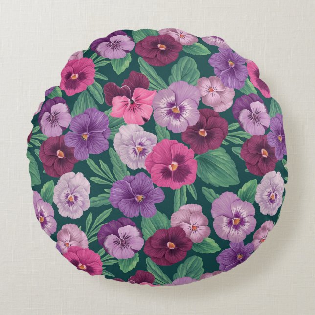 Colourful pansies on dark greenish blue round cushion (Front)