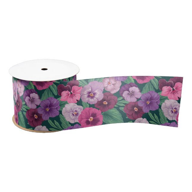 Colourful pansies on dark greenish blue satin ribbon (Spool)