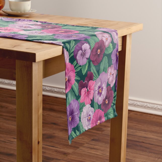 Colourful pansies on dark greenish blue short table runner (In Situ)