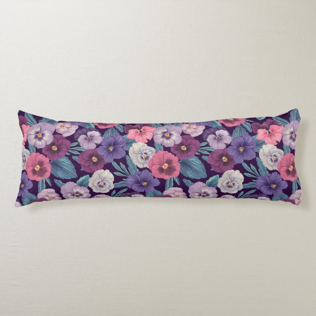 Colourful pansies on deep violet body cushion (Front)