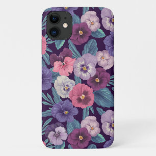 Colourful pansies on deep violet iPhone 11 case
