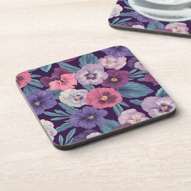Colourful pansies on deep violet coaster (Left Side)
