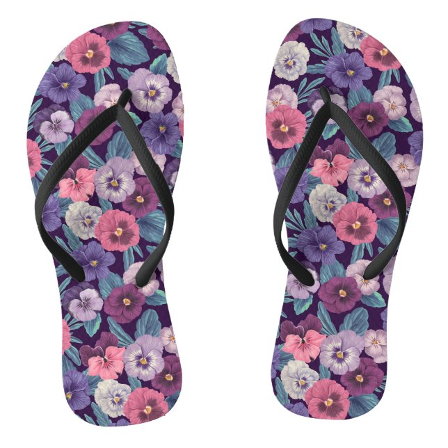 Colourful pansies on deep violet flip flops (Footbed)