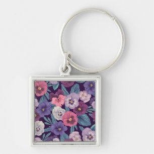 Colourful pansies on deep violet key ring