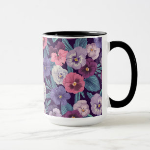 Colourful pansies on deep violet mug