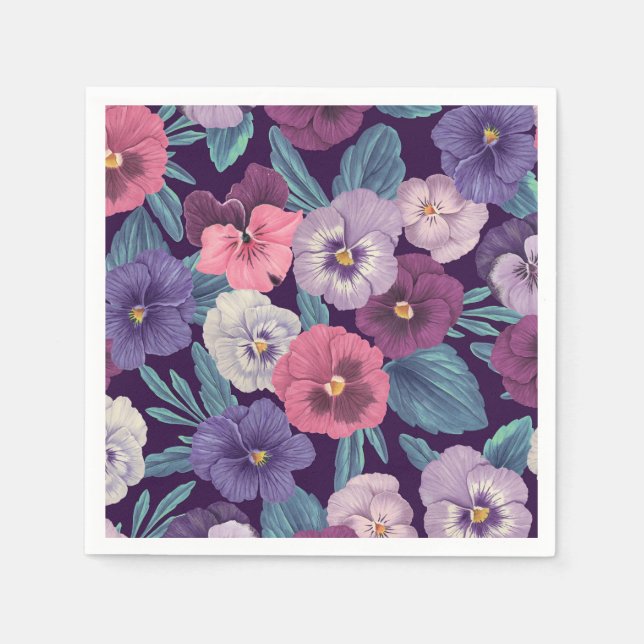 Colourful pansies on deep violet napkin (Front)