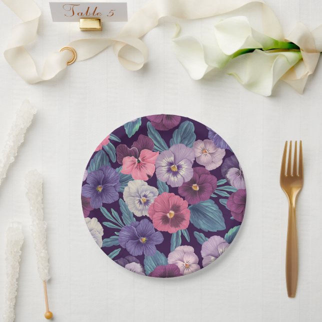 Colourful pansies on deep violet paper plate (Wedding)