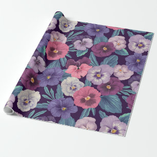 Colourful pansies on deep violet wrapping paper