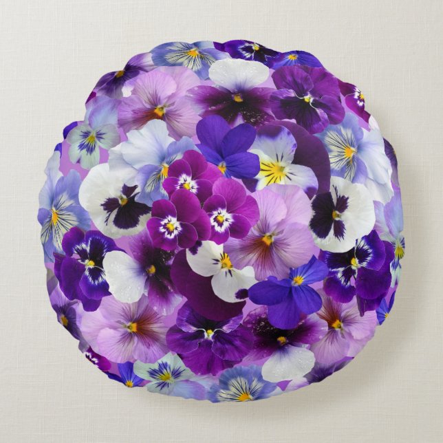 Colourful Pansies, Pretty Flowers, Round Cushion (Front)