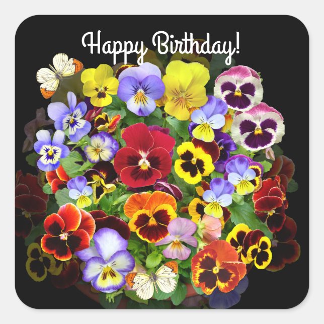 Colourful Pansies with Butterflies Birthday  Squar Square Sticker (Front)