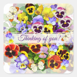 Colourful Pansy Arrangement with Butterflies  Squa Square Sticker