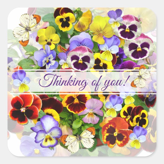 Colourful Pansy Arrangement with Butterflies  Squa Square Sticker (Front)