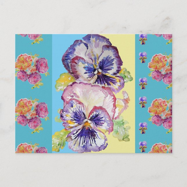Colourful Pansy Floral Watercolor aqua Postcard (Front)