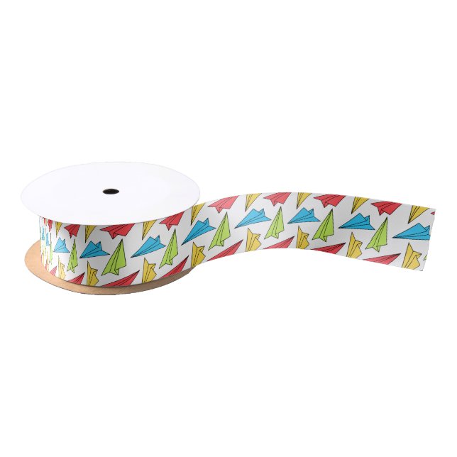 Colourful Paper Aeroplanes Pattern Satin Ribbon (Spool)