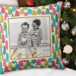 Colourful Paper Christmas Trees Kids Photo Cushion<br><div class="desc">Add some fun and a burst of colour to your holiday decor with this fun photo Christmas throw pillow, featuring a pattern of overlapping colourful tissue paper Christmas trees and a faux gold foil frame. The design is the same on the front and the back - that way if something...</div>