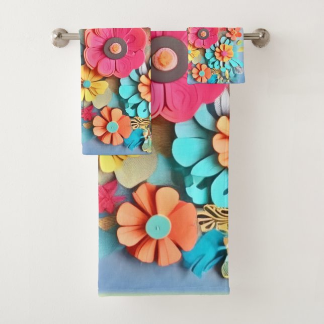 Colourful Paper Floral Art Bath Towel Set (Insitu)
