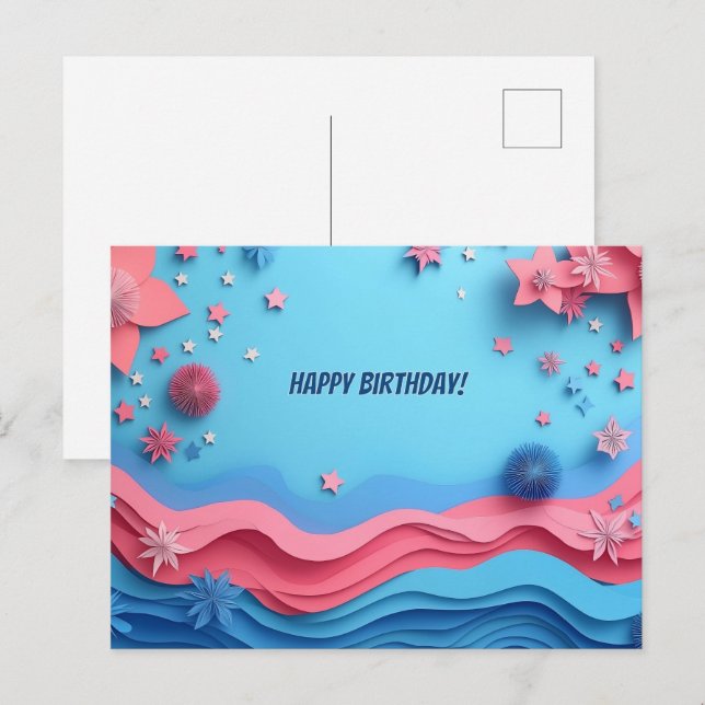 Colourful Papercut Fireworks Birthday Postcard (Front/Back)
