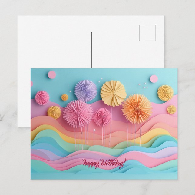 Colourful Papercut Fireworks Birthday Postcard (Front/Back)