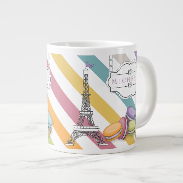 Colourful Paris Macaron Eiffel Tower Monogram Large Coffee Mug (Front Right)