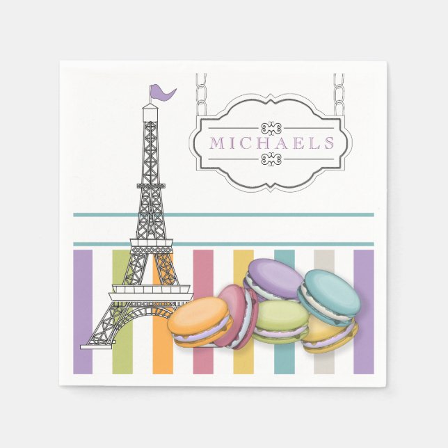Colourful Paris Macaron Eiffel Tower Monogram Pape Napkin (Front)