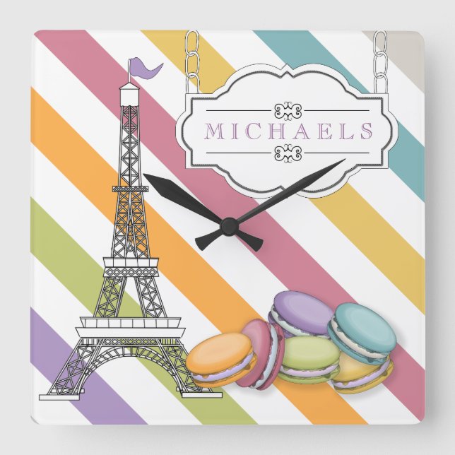 Colourful Paris Macaron Eiffel Tower Monogram Square Wall Clock (Front)