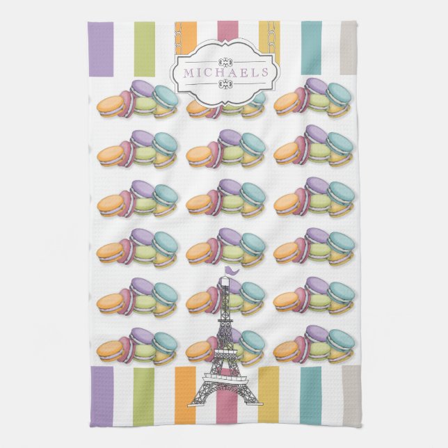 Colourful Paris Macaron Eiffel Tower Monogram Tea Towel (Vertical)