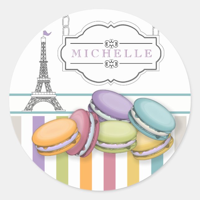 Colourful Paris Macarons Eiffel Tower Monogram Classic Round Sticker (Front)