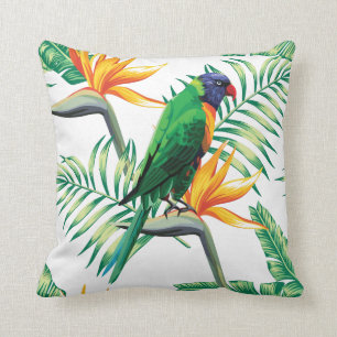 Colourful Parrot And Exotic Plants Cushion