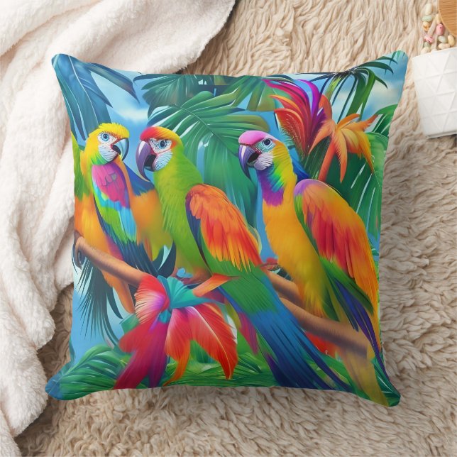 Colourful Parrot Birds Tropical Floral palms trees Cushion (Blanket)