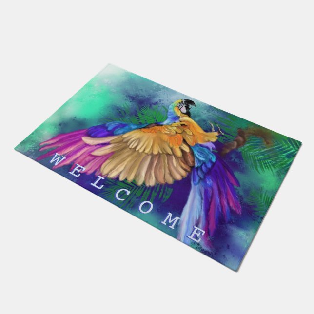 Colourful Parrot Doormat - Welcome (Angled)