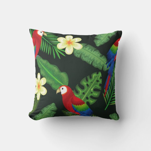Colourful Parrot & Floral Print Throw Pillow (Front)