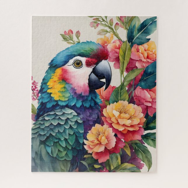 Colourful Parrot Floral Watercolor Art Jigsaw Puzzle (Vertical)