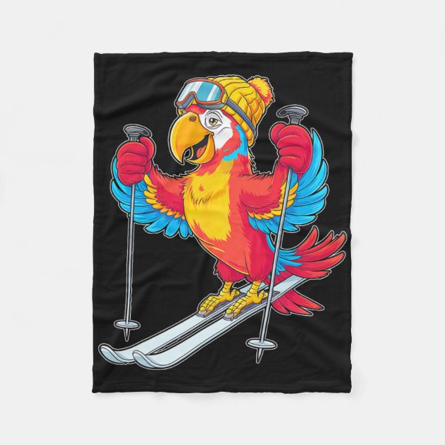 Colourful Parrot Skiing Adventure Winter Fun  Fleece Blanket (Front)