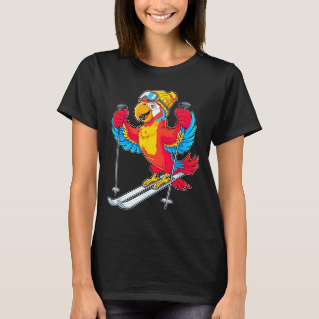 Colourful parrot skiing adventure winter fun  T-Shirt (Front)