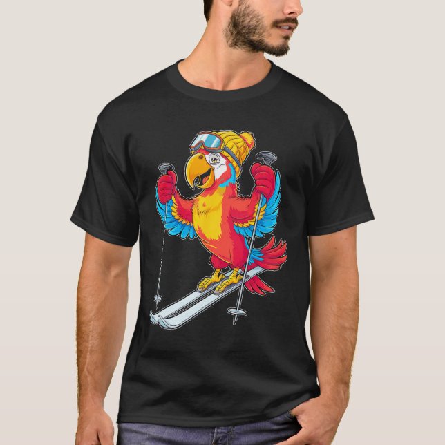 Colourful Parrot Skiing Adventure Winter Fun  T-Shirt (Front)