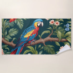 Colourful Parrot Tropical Jungle Leaves Beach Towel