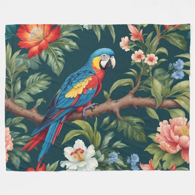 Colourful Parrot Tropical Jungle Leaves Fleece Blanket (Front (Horizontal))